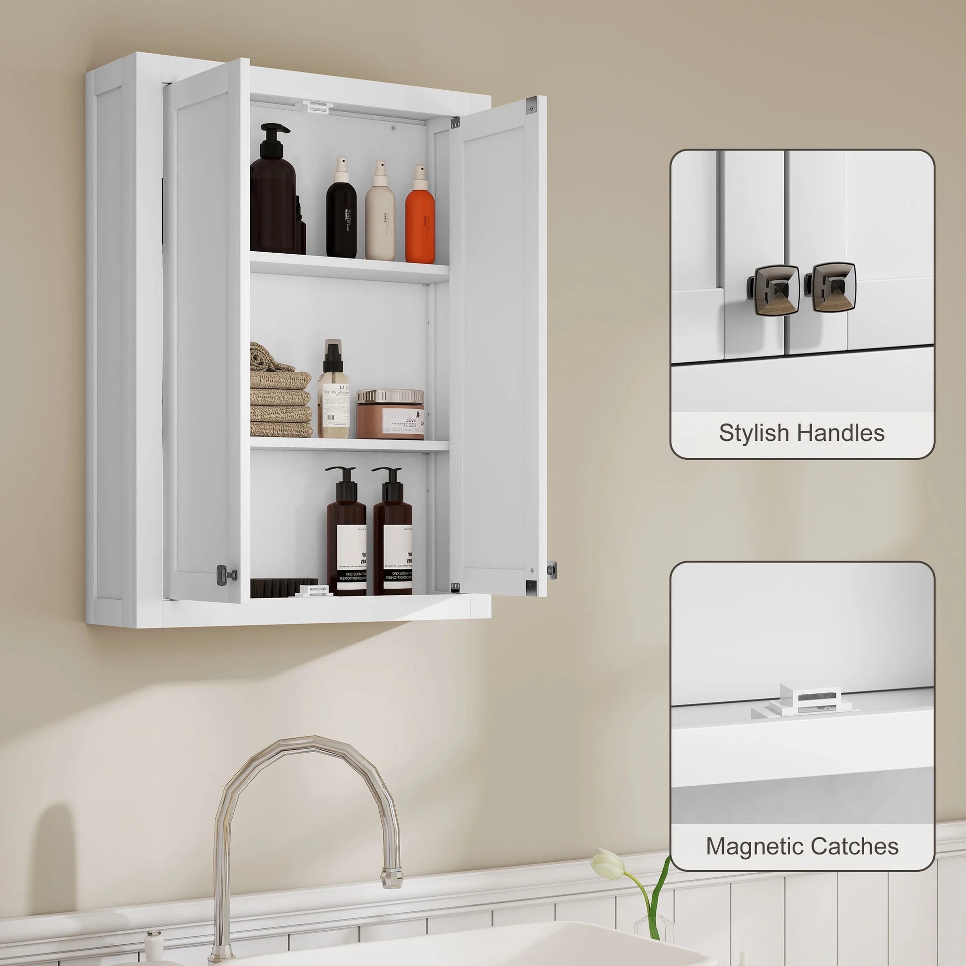 HOMCOM Bathroom Wall Cabinet, Modern Medicine Cabinet Wall Mounted, Over The Toilet Space Saver with 2 Doors and 2 Adjustable Shelves, White
