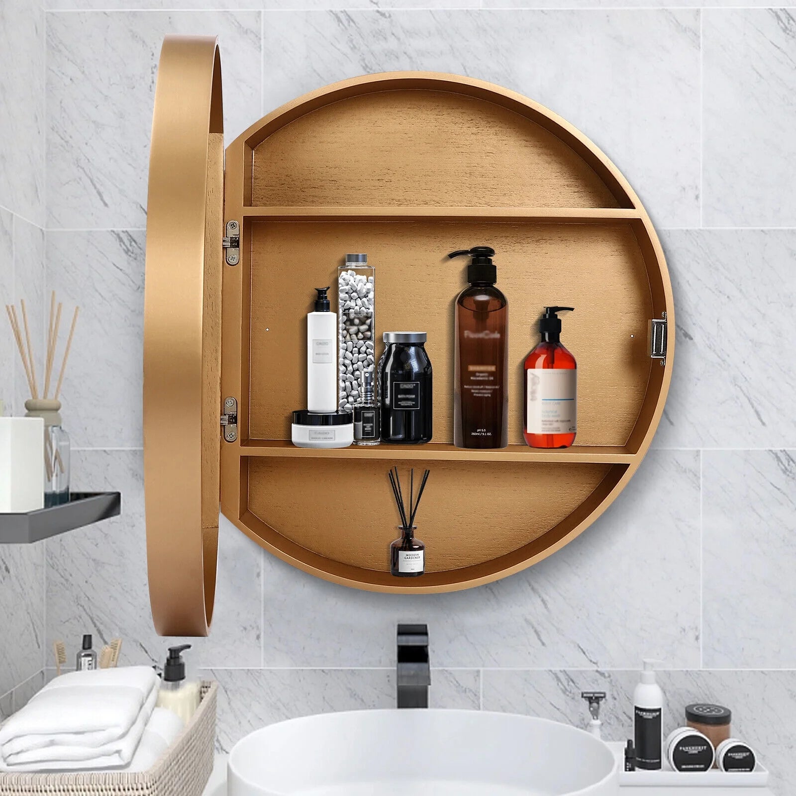 Mirror Cabinet Round Vanity Mirror Wood Frame Wall Cabinet with 3 Shelves for Bathroom