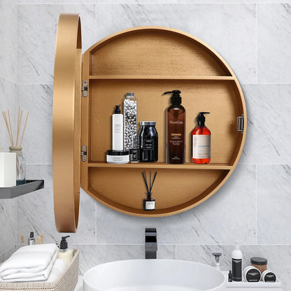 Mirror Cabinet Round Vanity Mirror Wood Frame Wall Cabinet with 3 Shelves for Bathroom