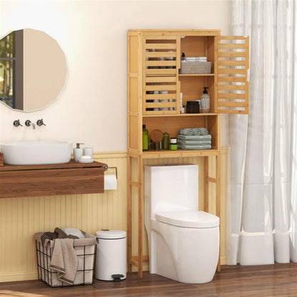 Finihen Bamboo Over The Toilet Storage Cabinet, Tall Bathroom Cabinet Organizer with Cupboard and Adjustable Shelves for Laundry Room, Balcony, Natural