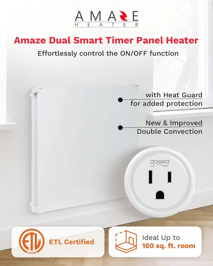 Amaze Heaters Dual Smart 400W Energy Efficient Space Heater w/Heat Guard & Wall Mount Kit - 24��x24�� Paintable & Silent Indoor Electric Heater - For Up to 160 sq ft Rooms Such as Bedroom & Bathroom