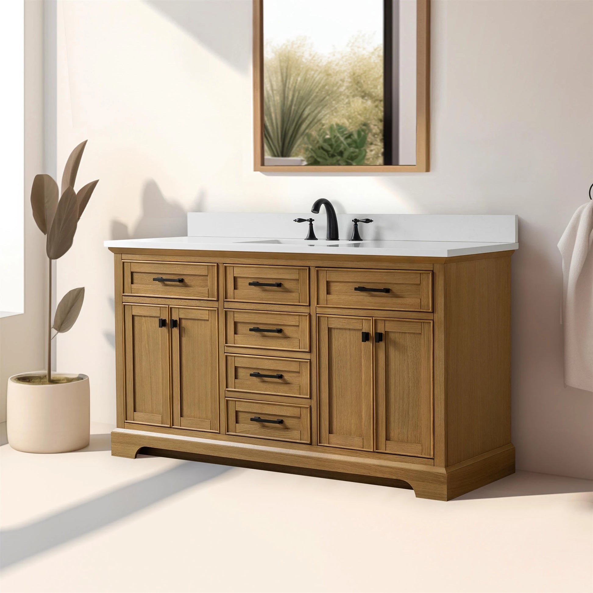Design Element Milano 60" Single Sink Oak Bath Vanity with White Quartz Top
