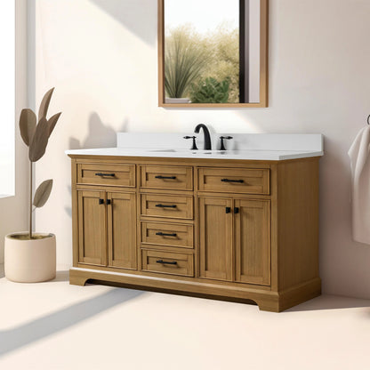 Design Element Milano 60" Single Sink Oak Bath Vanity with White Quartz Top