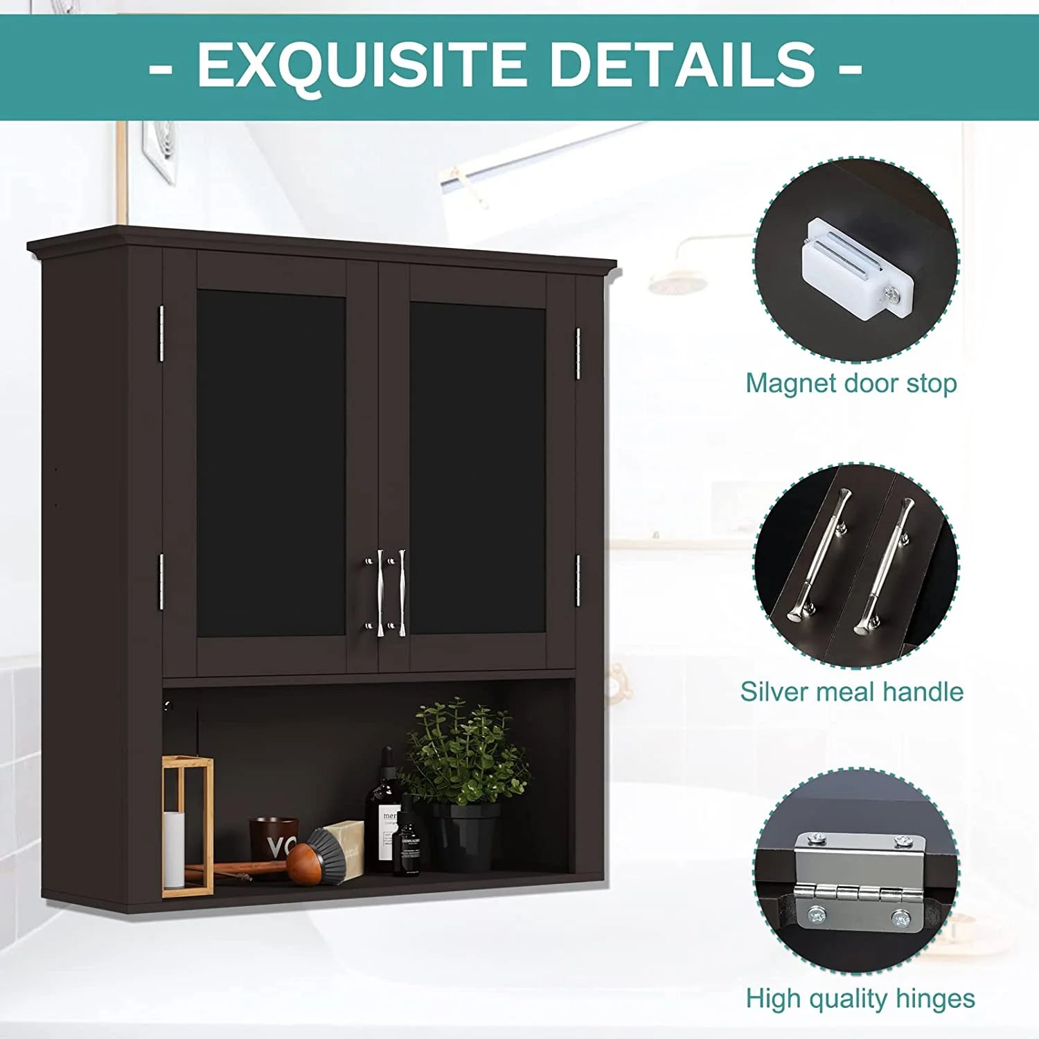 Bathroom Cabinet Wall Mounted with Double Doors, Wood Hanging Cabinet, Medicine Cabinet Storage Organizer with Height Adjustable Shelves Over The Toilet, Coffee