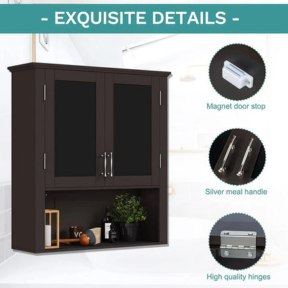 Bathroom Cabinet Wall Mounted with Double Doors, Wood Hanging Cabinet, Medicine Cabinet Storage Organizer with Height Adjustable Shelves Over The Toilet, Coffee