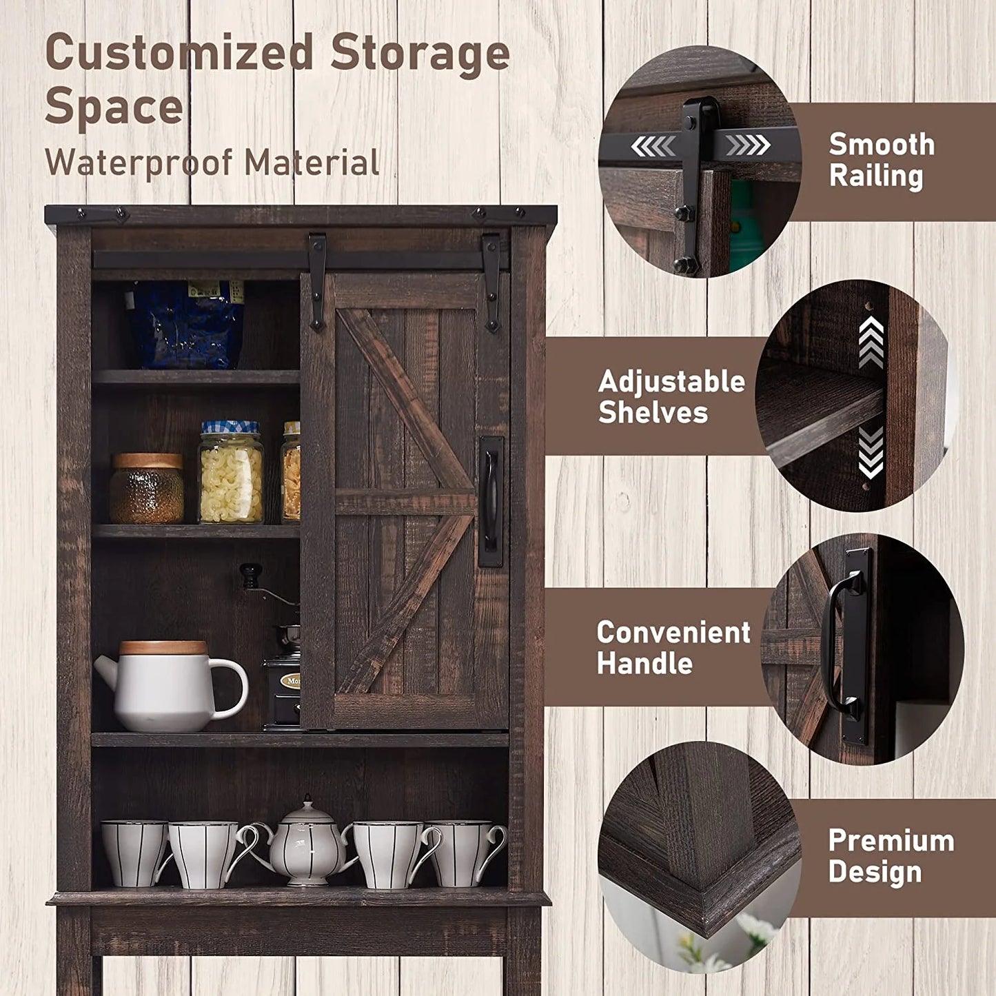 OKD 68In Farmhouse Over The Toilet Storage Cabinet with Sliding Bathroom Organizers and Storage Barn Door & Adjustable Shelves, Dark Rustic Oak