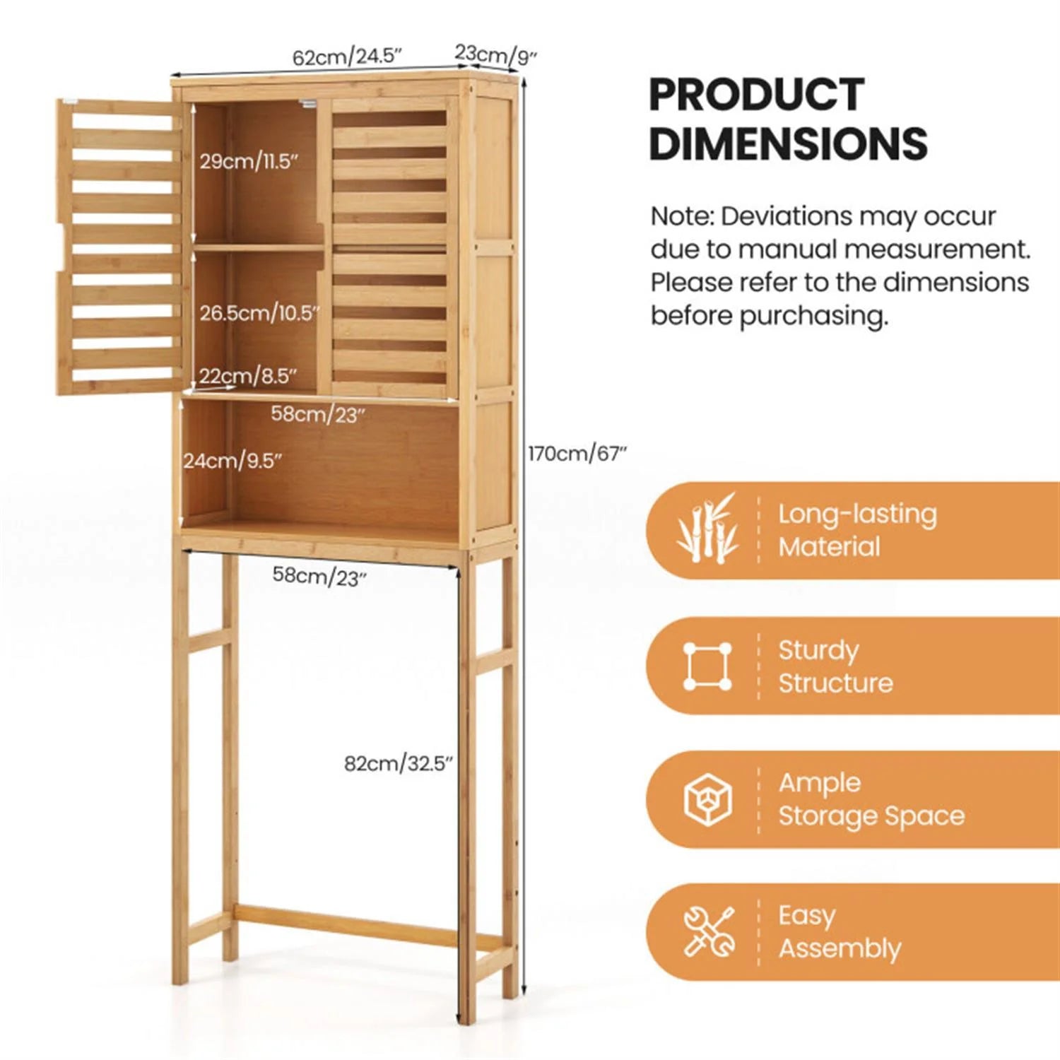 Finihen Bamboo Over The Toilet Storage Cabinet, Tall Bathroom Cabinet Organizer with Cupboard and Adjustable Shelves for Laundry Room, Balcony, Natural
