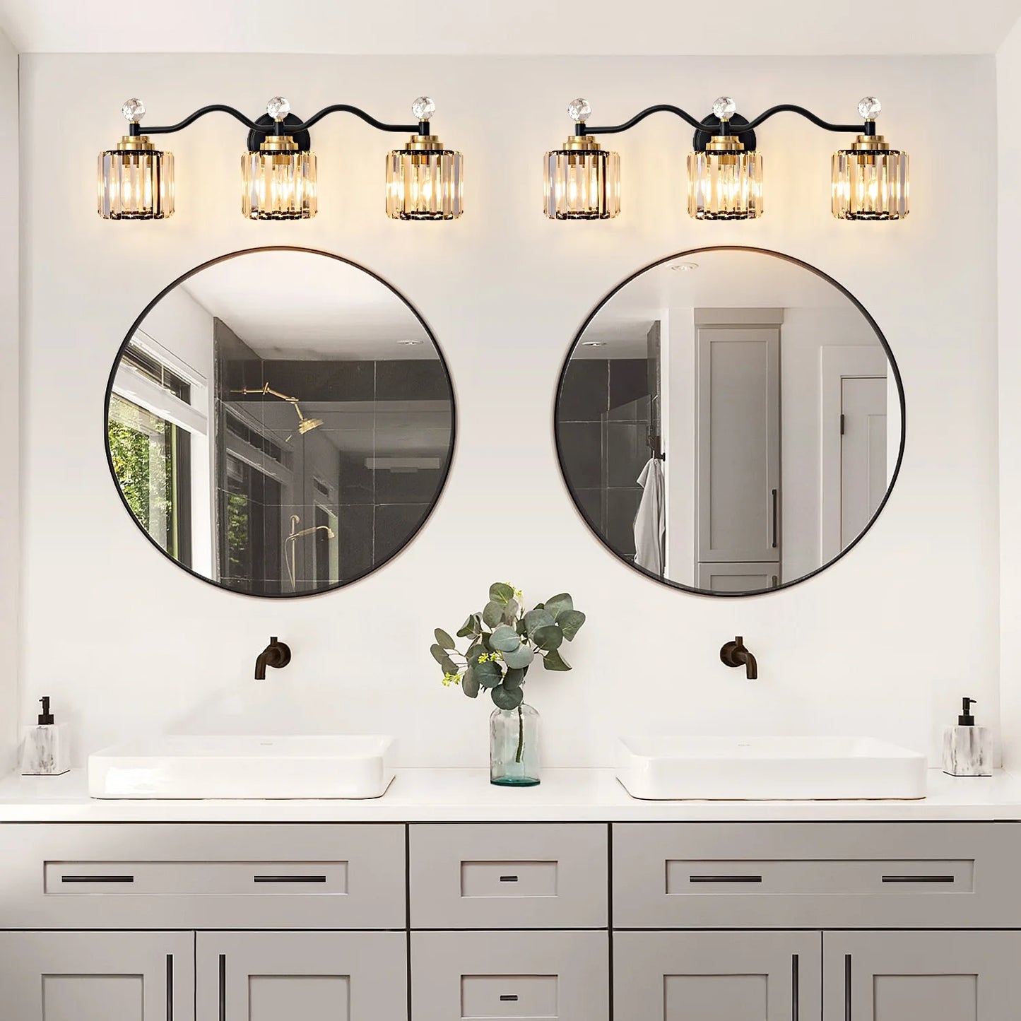 Deyidn 26" Modern 3-Light Black Gold Bathroom Vanity Light - Dimmable Bathroom Transitional Fixture with Crystal Glass Shades