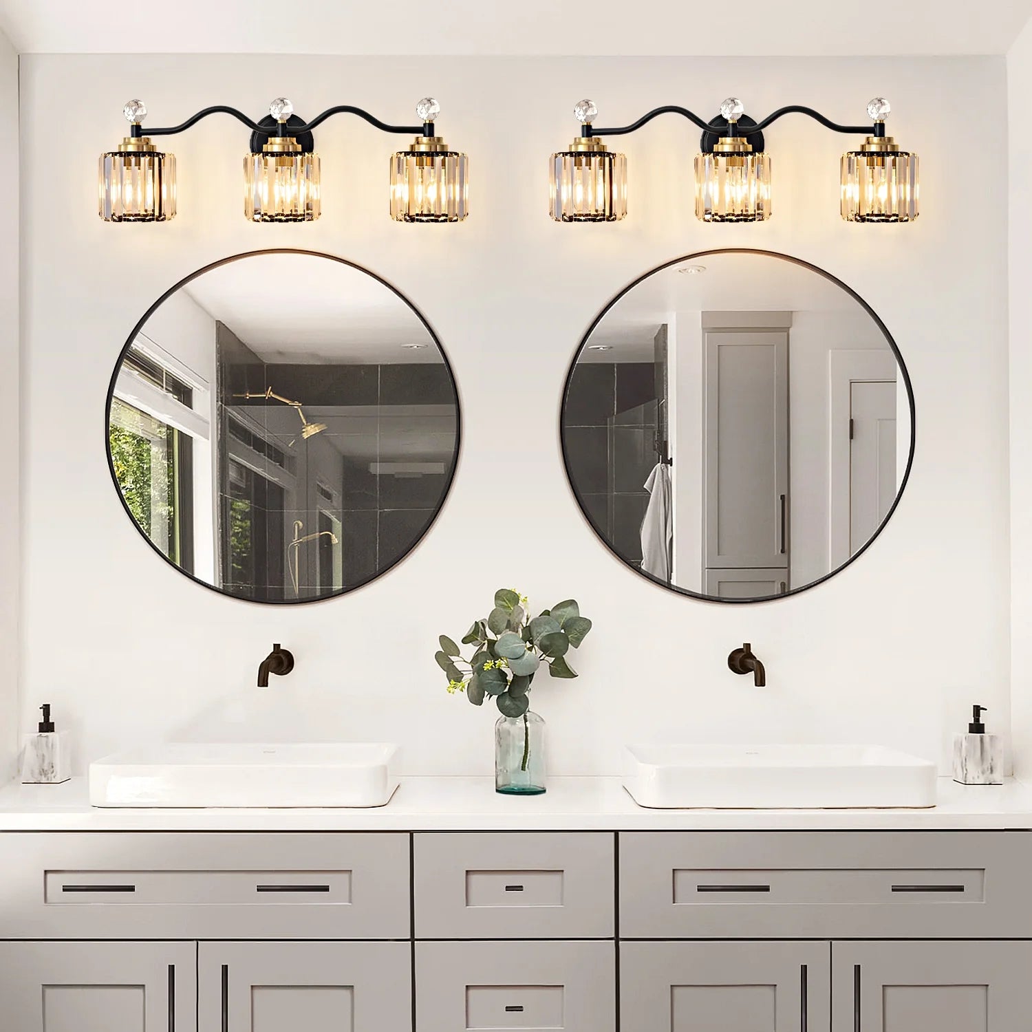 Deyidn 26" Modern 3-Light Black Gold Bathroom Vanity Light - Dimmable Bathroom Transitional Fixture with Crystal Glass Shades