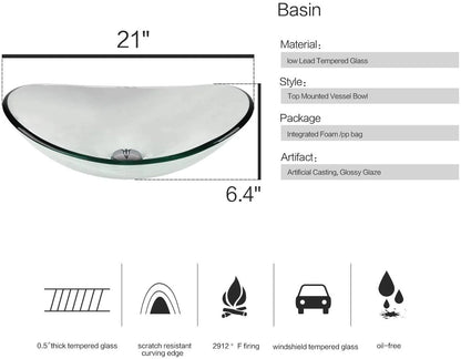 ELECWISH Bathroom Frosted Vessel Sink Tempered Glass Basin Chrome Faucet Pop-up Drain Combo