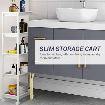 Untyo 5-Tier Slim Bathroom Storage Cart with Rolling Wheels,Kitchen Rolling Utility Cart for Narrow Space, White