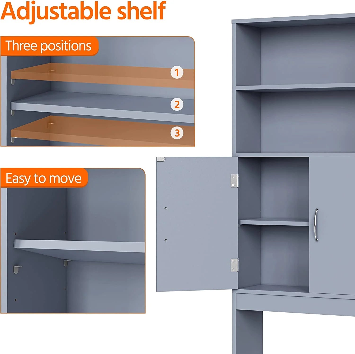 Tumis Over The Toilet Storage, Taller Bathroom Organizer Space-Saving Storage Cabinet with Adjustable Shelves and Double Doors, 77 in H, Grey