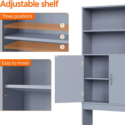 Tumis Over The Toilet Storage, Taller Bathroom Organizer Space-Saving Storage Cabinet with Adjustable Shelves and Double Doors, 77 in H, Grey