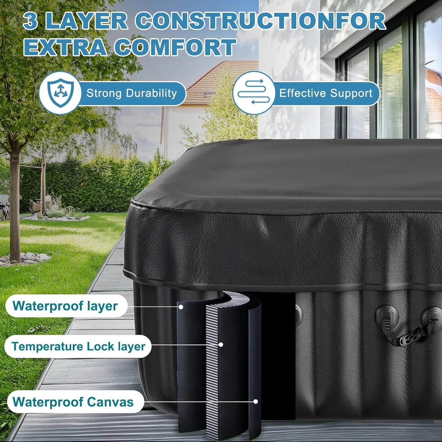 73 inch Outdoor Inflatable Hot Tub with 130 Bubble Air Jets, 4-6 Person Square Portable Hottub Spa with LED Control Panel, Blow Up Spa Bathtub with 2 Filter, Temperature up to 104��F