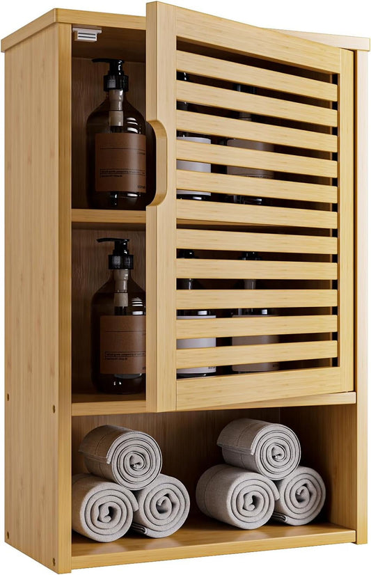 Bathroom Wall Cabinet, Medicine Cabinet Over The Toilet, Bamboo Hanging Storage Organizer with Single Door and Open Bottom Shelf, for Kitchen Living Room, Natural