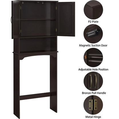 Bilot Over The Toilet Storage Cabinet Bathroom Organizer with Adjustable Shelf & Double Doors for Toilet, Home Space-Saving Furniture, L24.5xW9xH66 Inches, Espresso