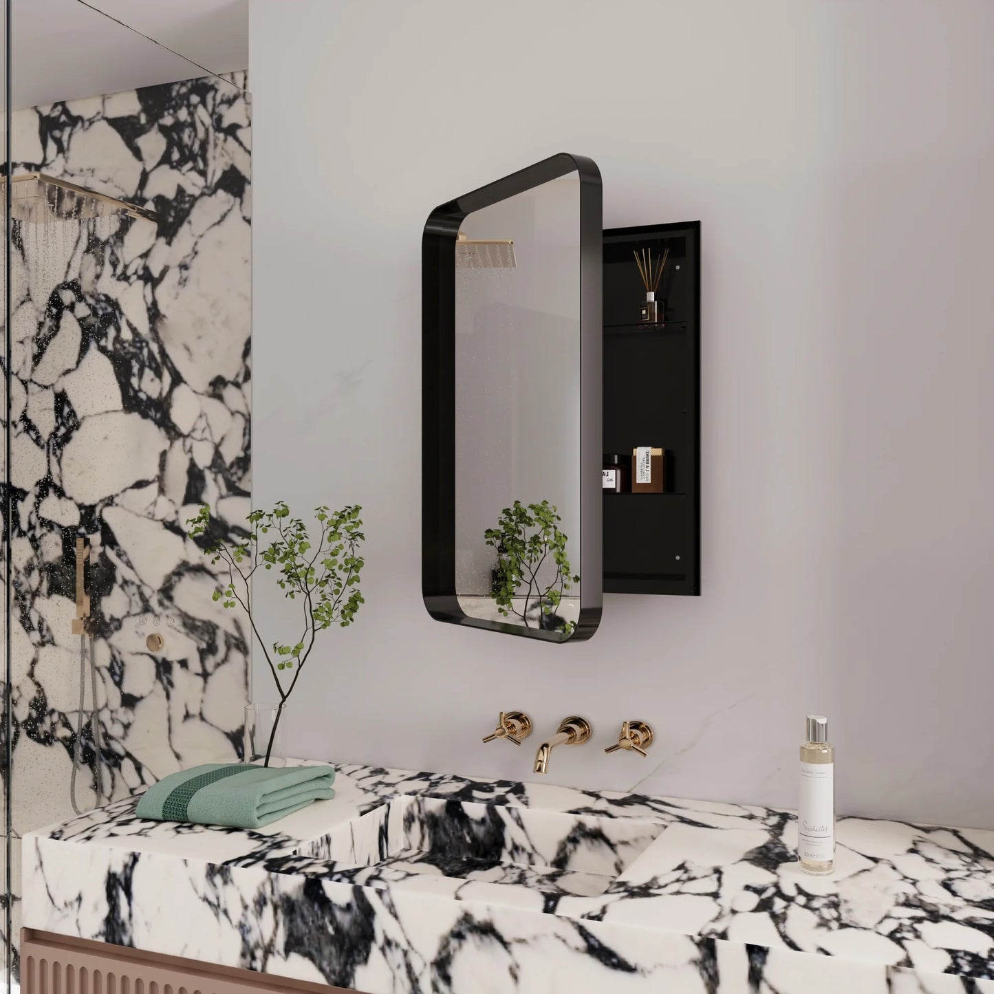 Bathroom Wall Storage Cabinet with Mirror Rectangle Stainless Steel Frame Medicine Cabinet Black