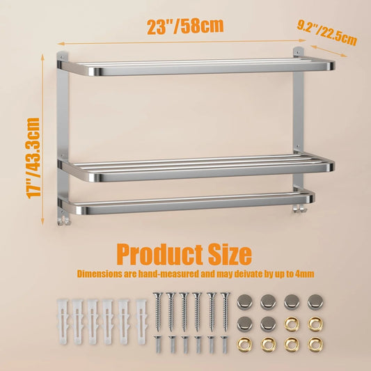 3-Tier Towel Racks for Bathroom with Towel Bars Multilayer Hotel Towel Shelf Stainless Steel Wall-Mounted Brushed Finish Holder with Towel Shelves 23 Inches