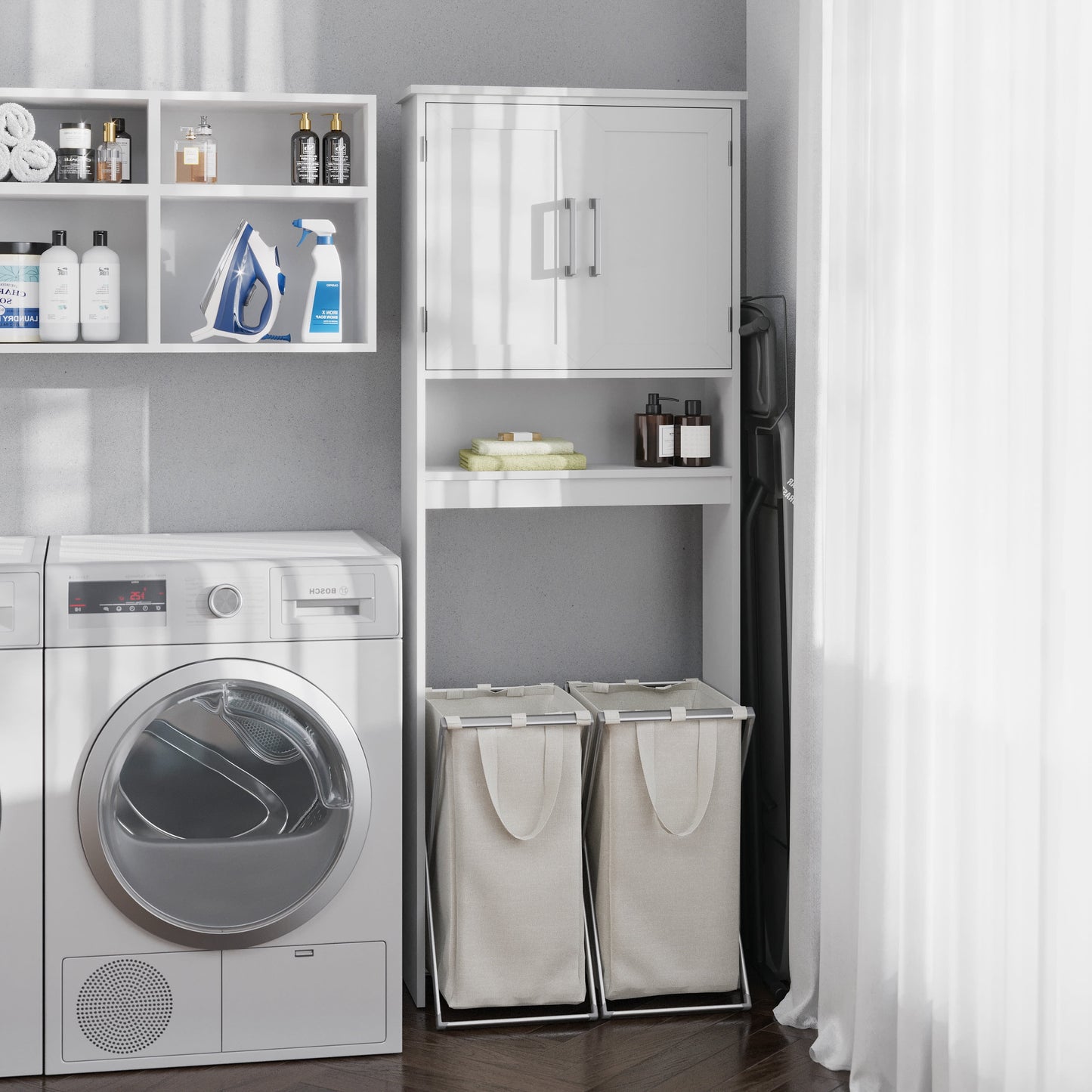 Emma + Oliver Over the Toilet Cabinet Storage Bathroom Organizer with In-Cabinet Adjustable Shelf, Open Lower Shelf, and Dual Magnetic Closure Doors in White