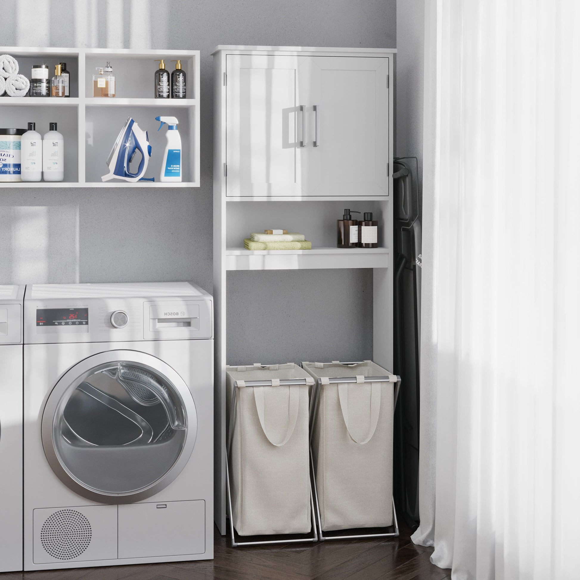 Emma + Oliver Over the Toilet Cabinet Storage Bathroom Organizer with In-Cabinet Adjustable Shelf, Open Lower Shelf, and Dual Magnetic Closure Doors in White