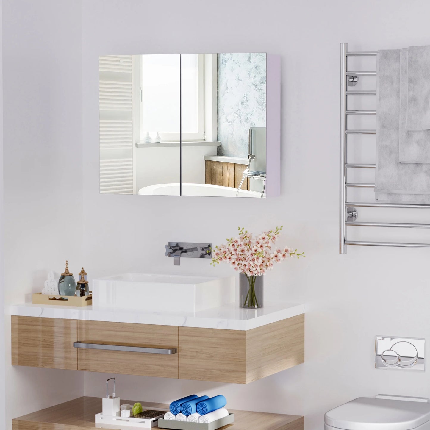 Homiyad Double Door Wall Mounted Bathroom Mirror, 31.5" x 23.5" Medicine Cabinet with Modern Design, Large Storage, & Quiet Hinges
