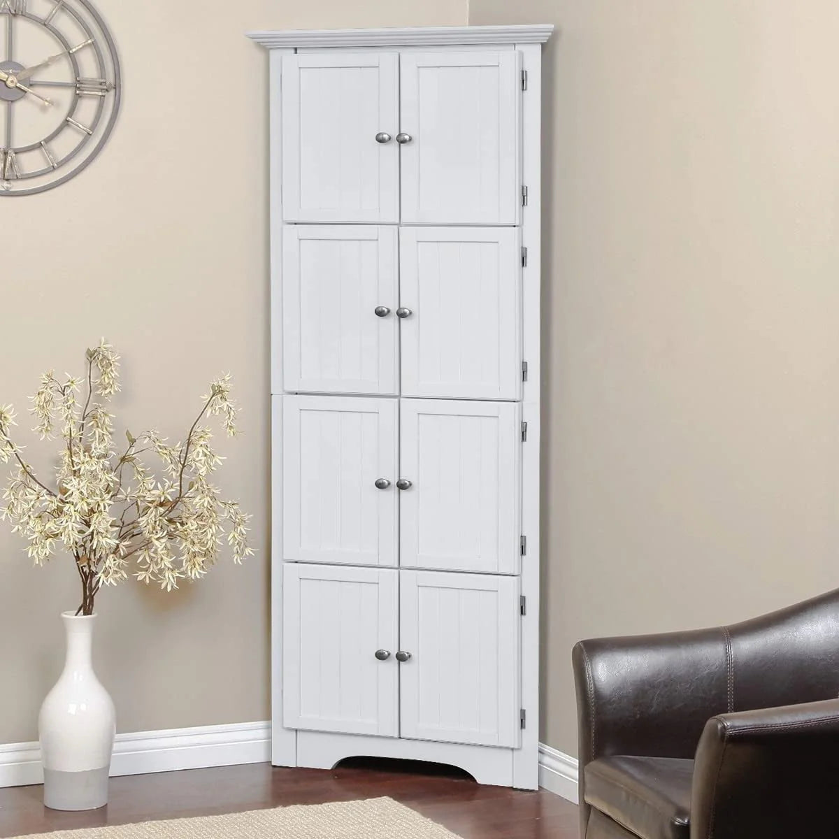 Yoleny Corner Storage Cabinet, Corner Hutch Cabinet with 8 Doors Organizer Solid Wood 90 Degree Storage Cabinet for Bathroom, Living Room, Kitchen, White