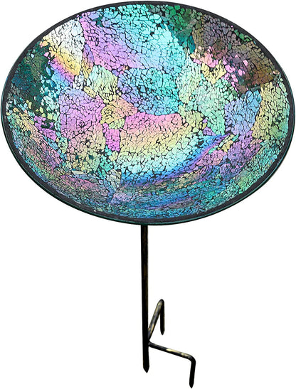 WHOLE HOUSEWARES D 13" x H 30" Birdbath/Feeder with Stake, Iridescent Crackled Glass