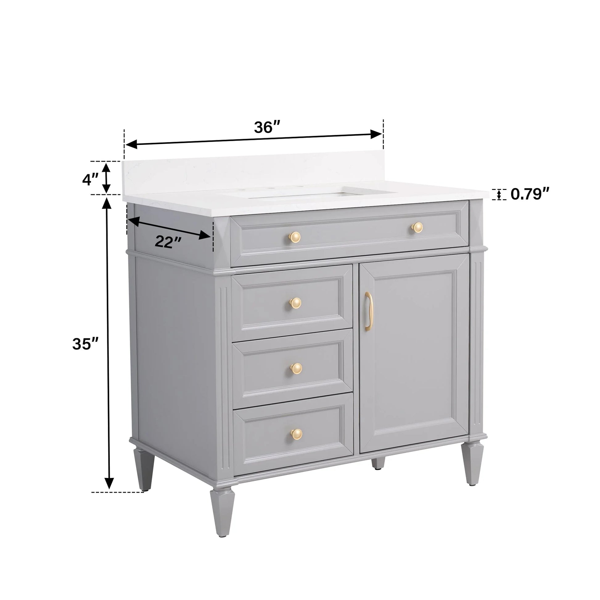 FORCLOVER 36" Bathroom Vanity with Sink Top Combo Set, Freestanding Solid Wood Bathroom Makeup Cabinet W/ 1 Soft-Close Door and 3 Soft-Close Drawers, Carrara White Quartz Countertop, Grey