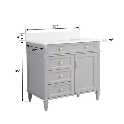 FORCLOVER 36" Bathroom Vanity with Sink Top Combo Set, Freestanding Solid Wood Bathroom Makeup Cabinet W/ 1 Soft-Close Door and 3 Soft-Close Drawers, Carrara White Quartz Countertop, Grey