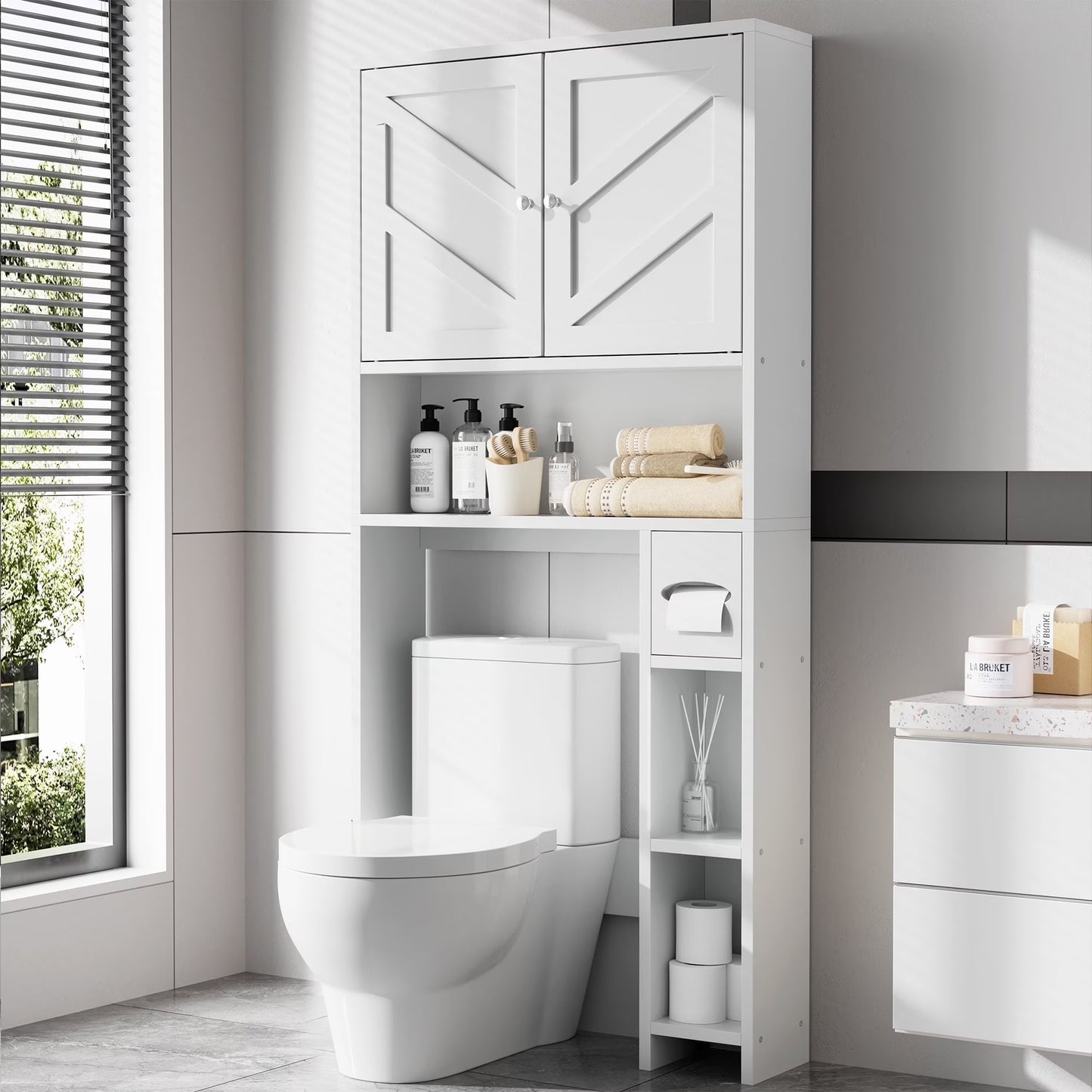 Walsunny Over the Toilet Storage Cabinet with Doors Side Storage Toilet Paper Holder Stand Space Saver Shelf Organizer Rack Freestanding for Restroom Bathroom Laundry Gray