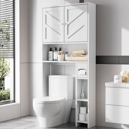 Walsunny Over the Toilet Storage Cabinet with Doors Side Storage Toilet Paper Holder Stand Space Saver Shelf Organizer Rack Freestanding for Restroom Bathroom Laundry Gray