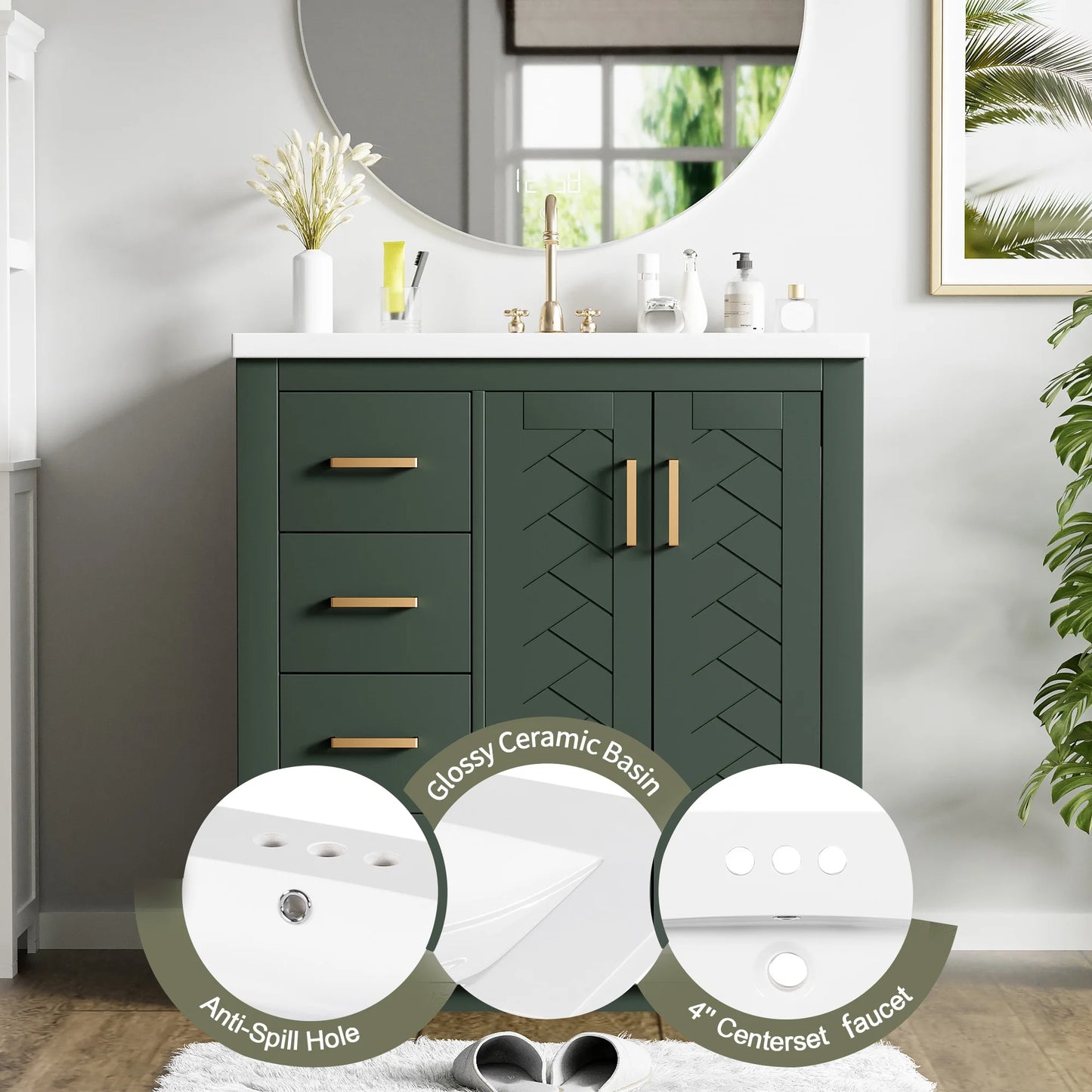 ENSHUI 30-Inch Bathroom Vanity with Ceramic Sink Combo, Solid Wood Frame, 4 Drawers, Soft Closing Doors, Green