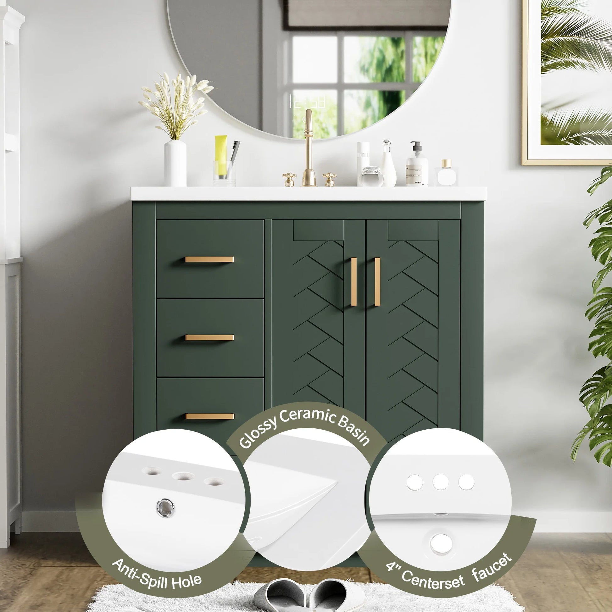 ENSHUI 30-Inch Bathroom Vanity with Ceramic Sink Combo, Solid Wood Frame, 4 Drawers, Soft Closing Doors, Green