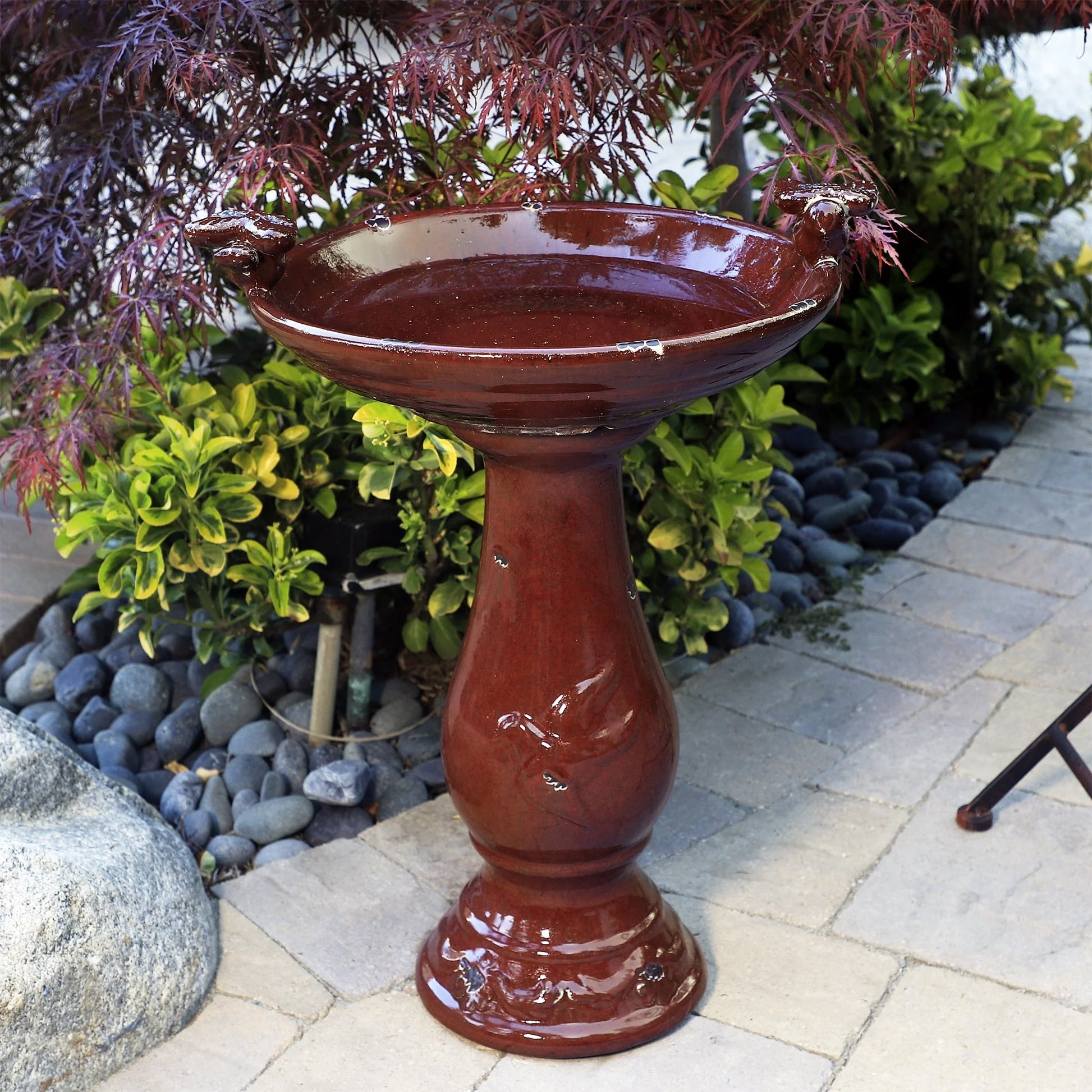 Alpine Corporation Ceramic Pedestal Birdbath with 2 Bird Figurines, Deep Red