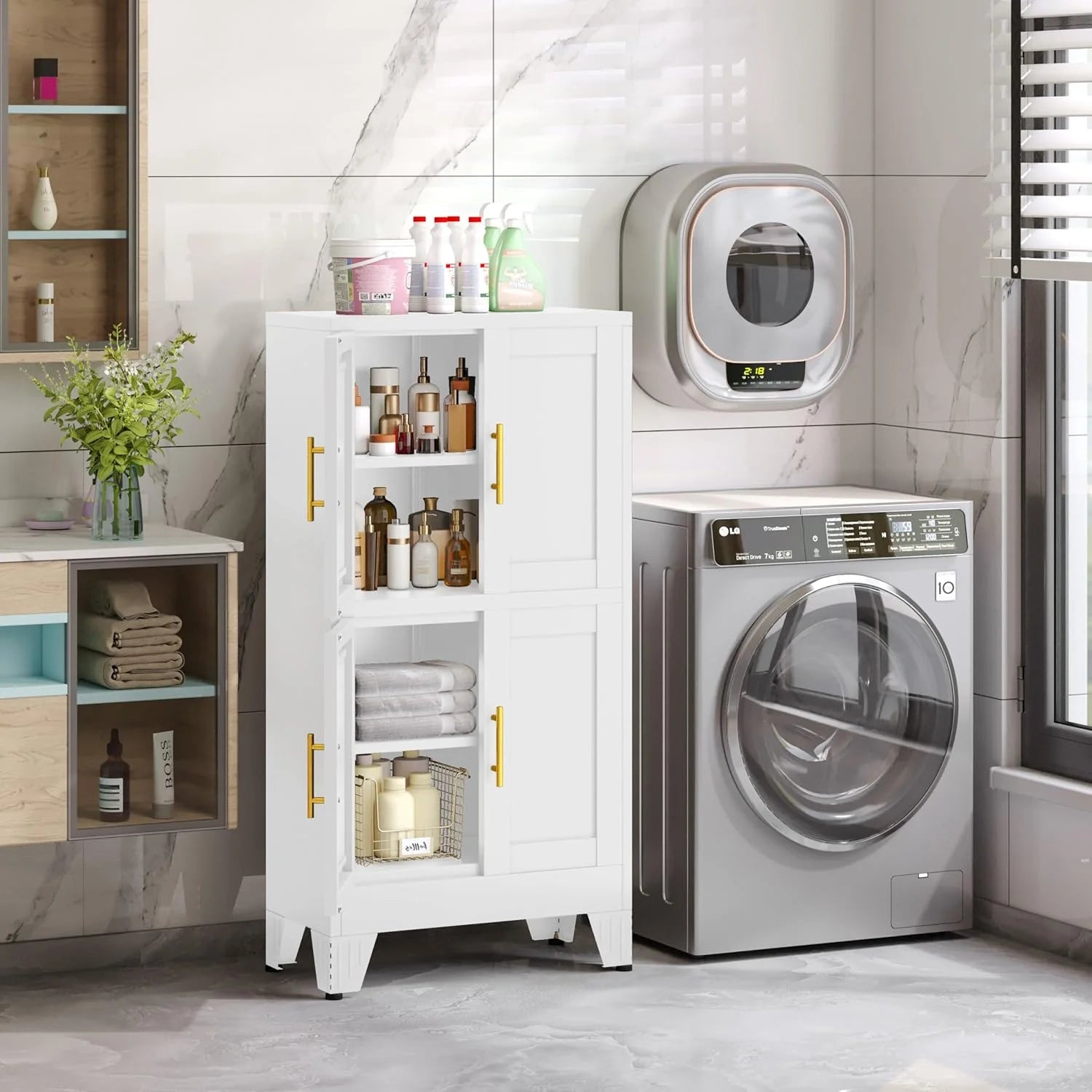 47.25" Metal Pantry Cabinet, Storage Cabinets with 4 Door and 2 Adjustable Shelves, White Bathroom Cabinet, Freestanding Cupboard for Kitchen Dining Living Room Bathroom