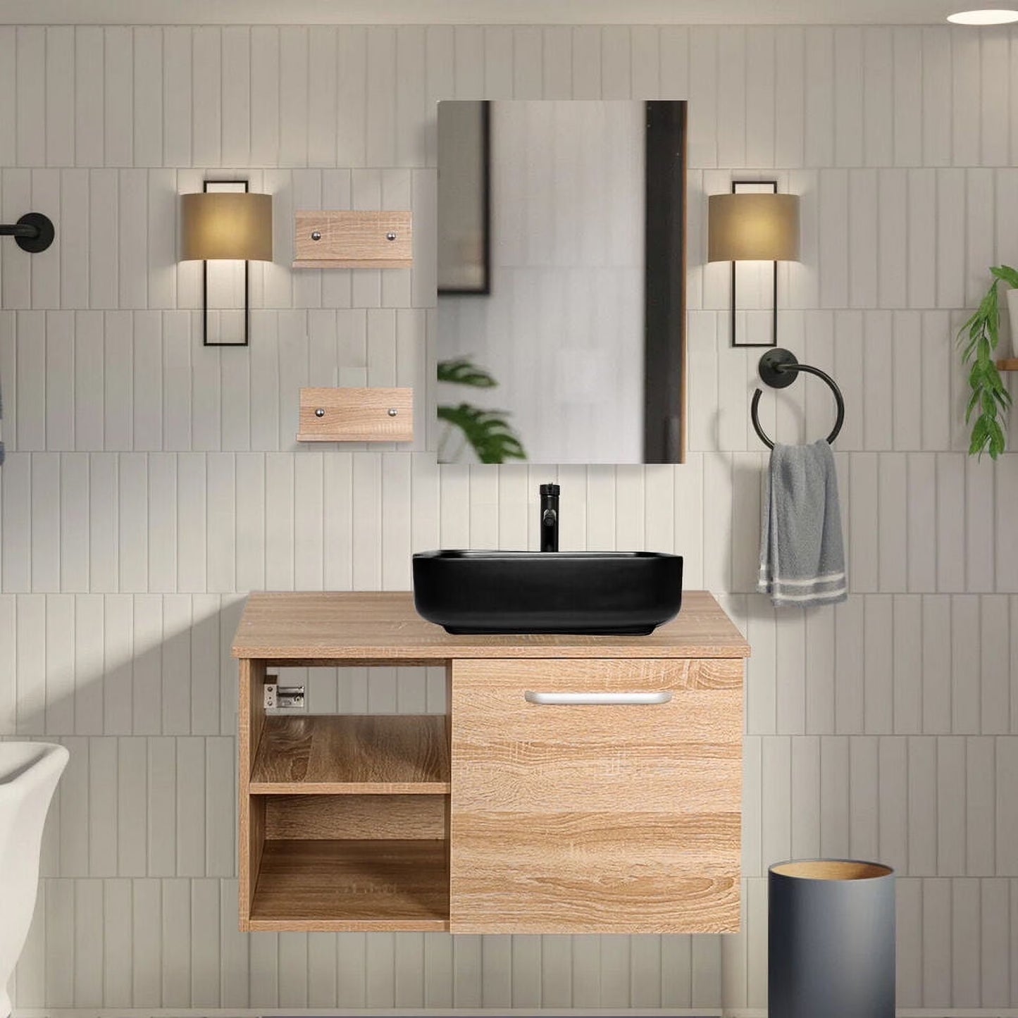 FULLWATT 28 Inch Modern Bathroom Vanity Set with Mirror Wall Mount Wood Color Cabinet Glass Sink Chrome Faucet and Pop Up Drain