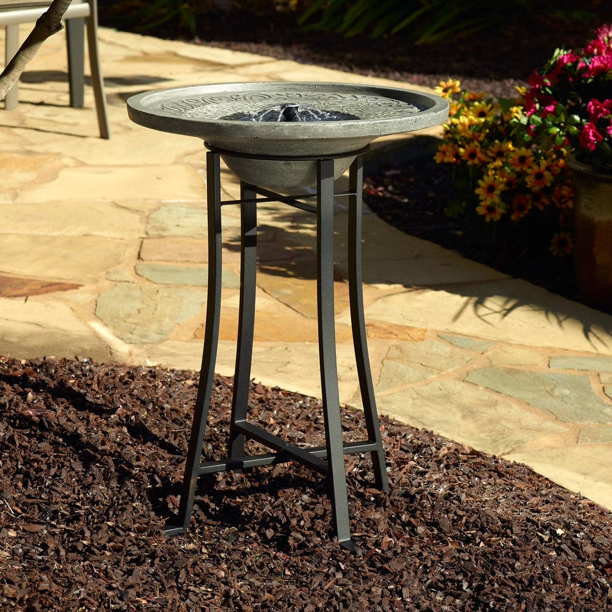 Smart Solar Perello Solar Birdbath - Distressed Grey Cement