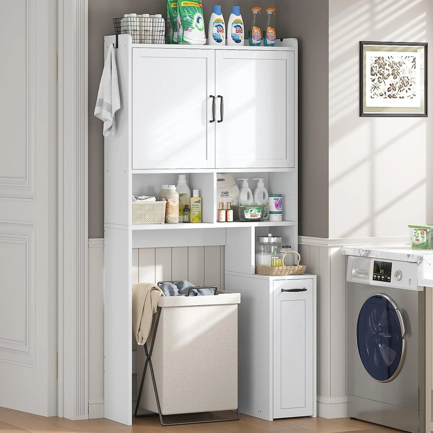 Frhnenha Over The Toilet Storage Cabinet with Pulley, Bathroom Storage Cabinet, with Adjustable Shelf and Open Shelf for Bathroom, Restroom, Laundry, White