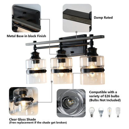 ExBrite 3-lights Bathroom Dimmable Black Vanity Lights Modern Wall Sconce Lighting Black 3-Lights Polished 13 to 24 Inches 4 to 8 Inches