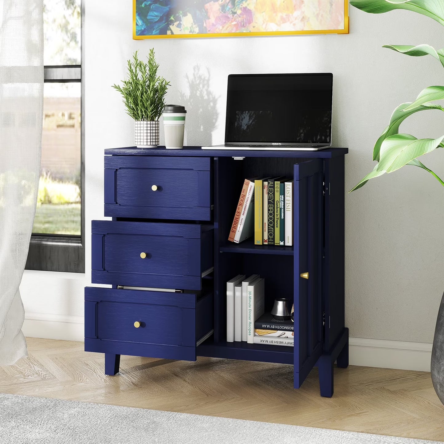 CBJCBJ 31.7"Storage Cabinet, Classical 3 Drawers & 1 Door Design with Gold-Tone Handles, Multi-Use Organizer for Living Room, Kitchen, Bathroom��BLUE)