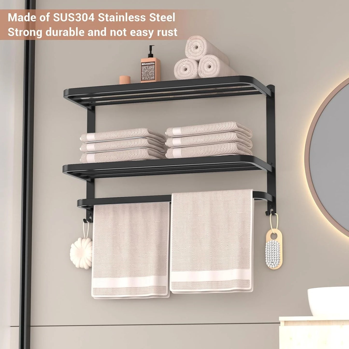 3-Tier Towel Racks for Bathroom with Towel Bars Multilayer Hotel Towel Shelf Stainless Steel Wall-Mounted Brushed Finish Holder with Towel Shelves 23 Inches