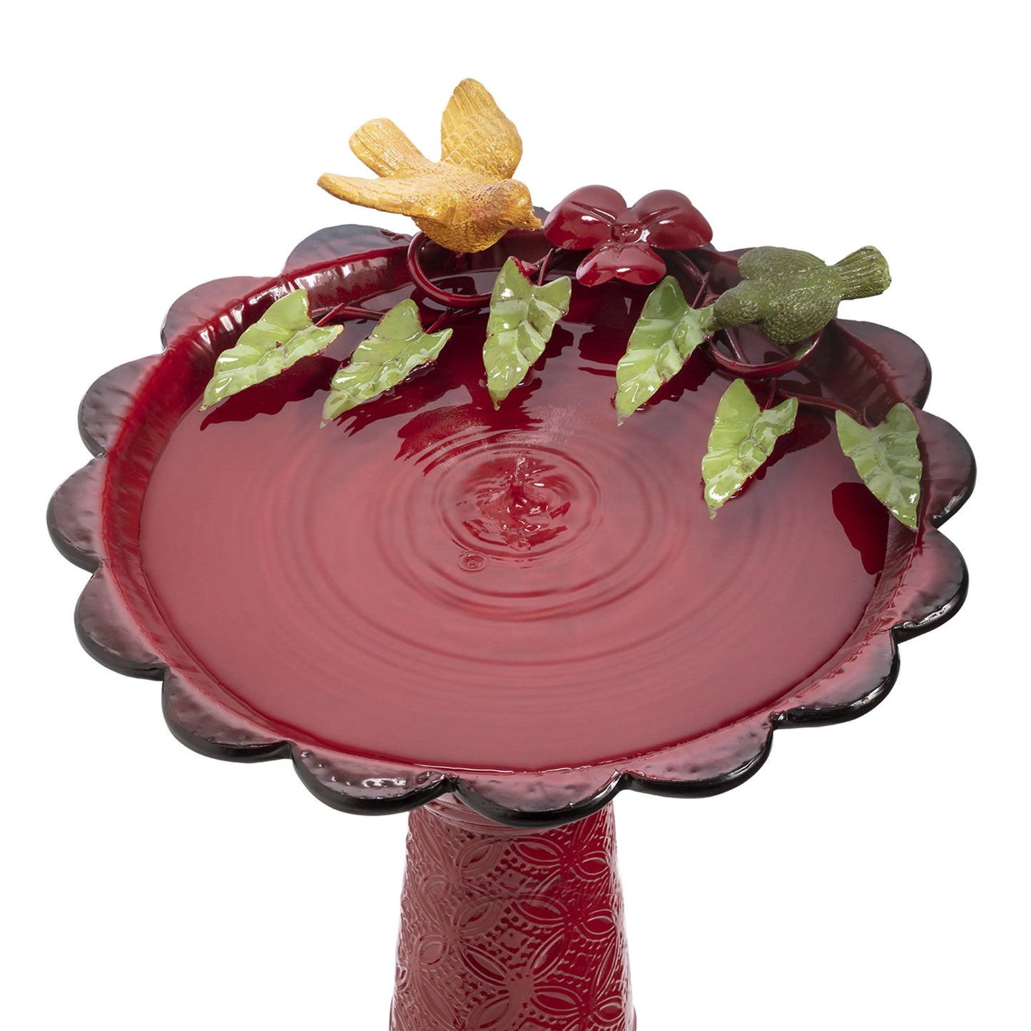 Alpine Corporation 28-Inch Metal Bird Bath with Birds and Leaves, Red