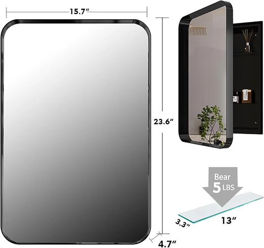 Bathroom Medicine Cabinet with Mirror,Recessed Round Corner Metal Framed Medicine Cabinet,Single Door Modern Storage Mirror Cabinet with Adjustable Shelves for Bathroom 15.74 x 23.6 Inch Matte Black