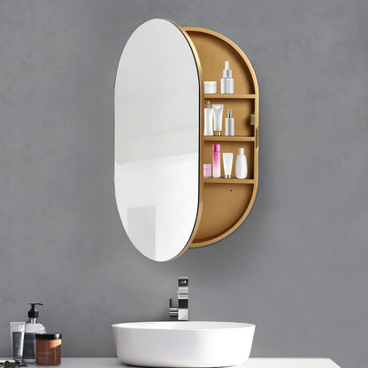 Gold Mirror Cabinet Oval Bathroom Wall-Mounted Mirror Cabinet Wood Storage Cabinet Mirror Surface W/Hide Shelves for Bathroom Toilet Balconies (19.76 * 30.82 * 4.05in)