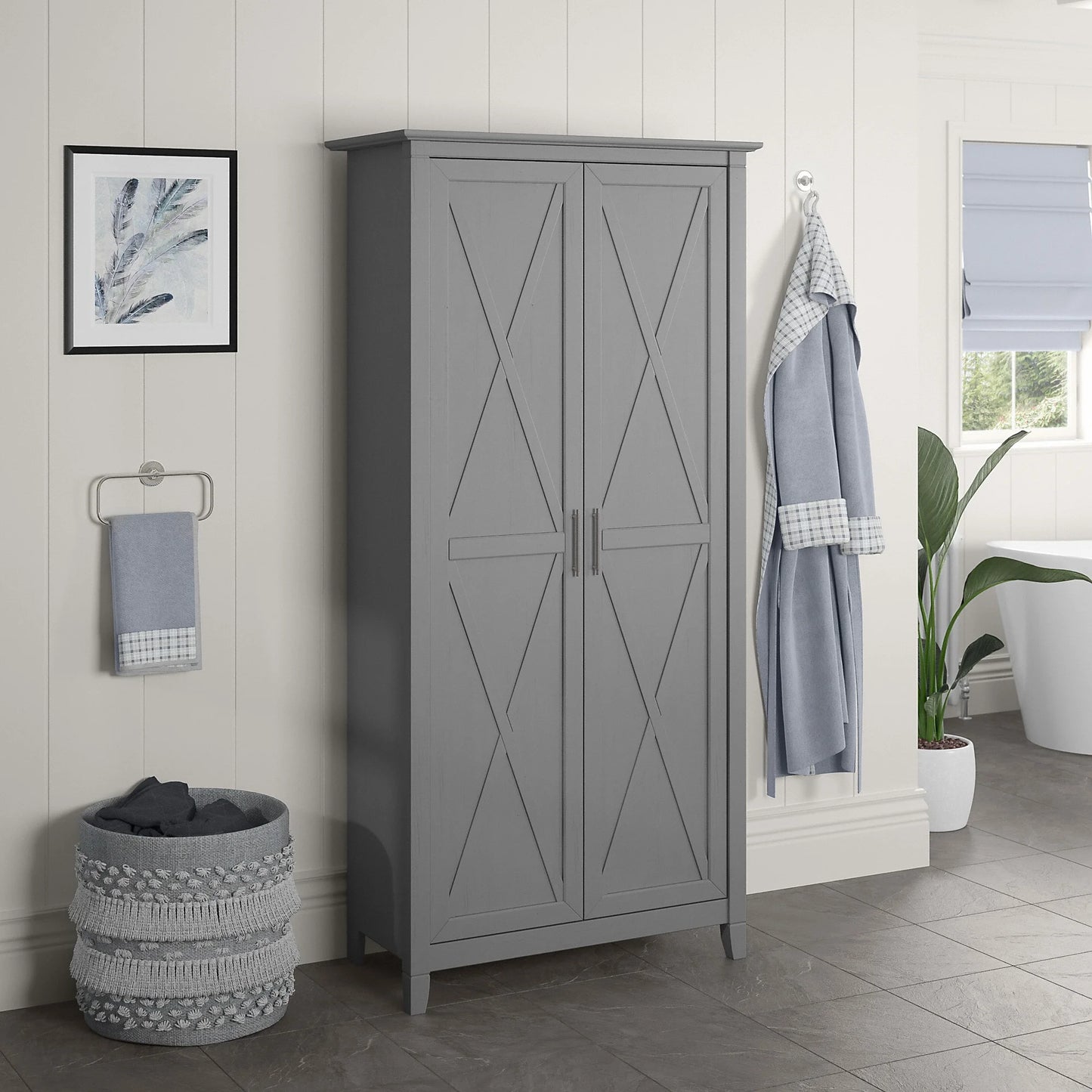 Bush Furniture Key West Tall Bathroom Storage Cabinet with Doors, Bing Cherry