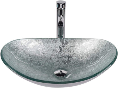 ELECWISH Bathroom Sink and Faucet Combo Artistic Tempered Glass Vessel Sink Basin Washing Bowl Set, Cabinet Countertop Sink with Chorme Faucet Pop-up Drain (Oval Silver)