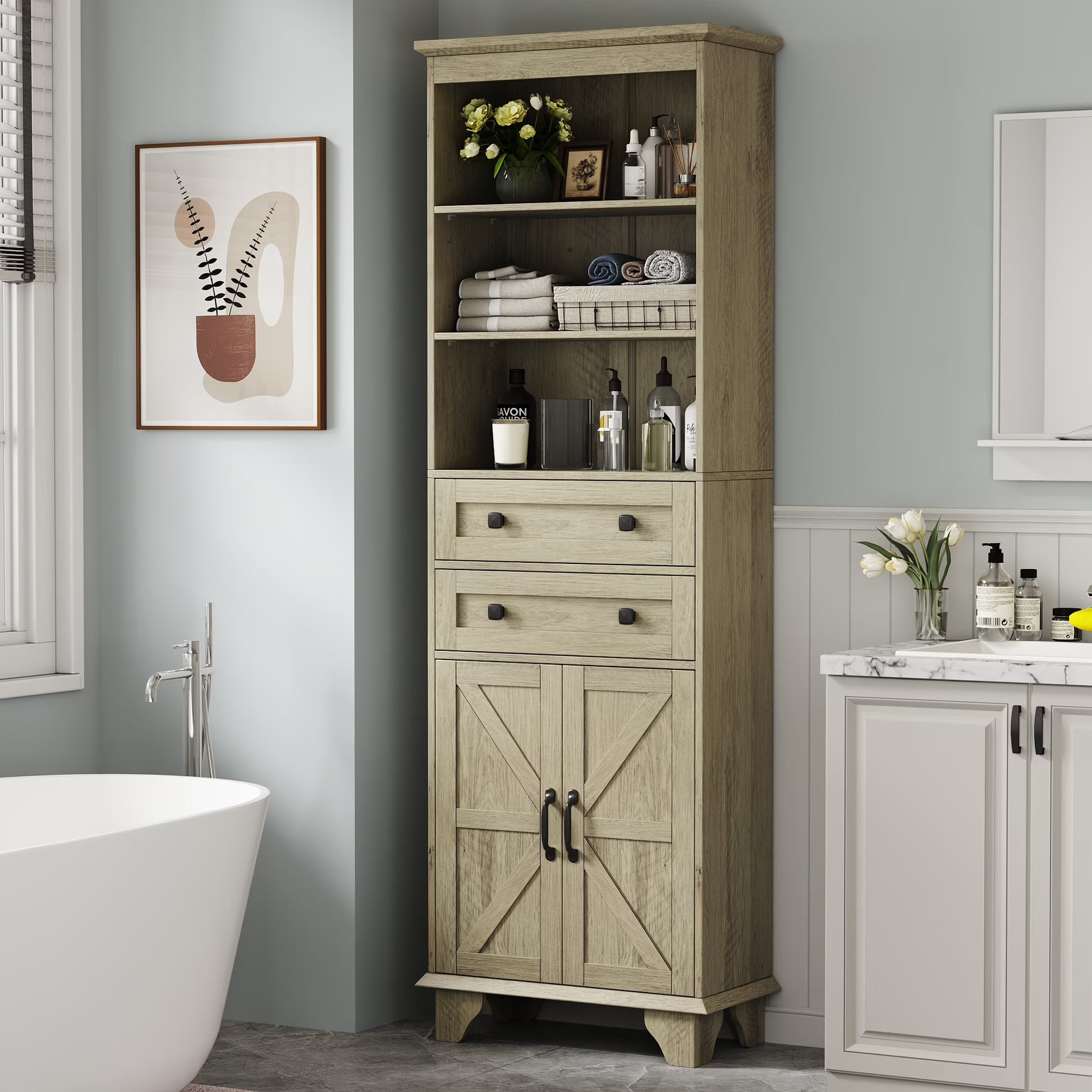 IDEALSOUL Tall Storage Cabinet, 72" Farmhouse Bathroom Storage with 2 Drawers, Adjustable Shelves & Barn Door, Cabinet for Bathroom, Living Room, Kitchen, off-White