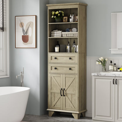 IDEALSOUL Tall Storage Cabinet, 72" Farmhouse Bathroom Storage with 2 Drawers, Adjustable Shelves & Barn Door, Cabinet for Bathroom, Living Room, Kitchen, off-White