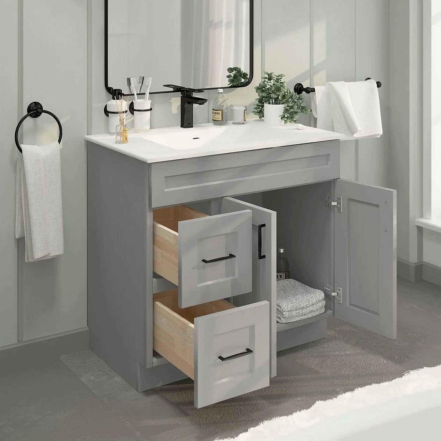 Light Grey Shaker Bathroom Vanity Sink Base with Drawers 36" Ready-to-Assemble Cabinet