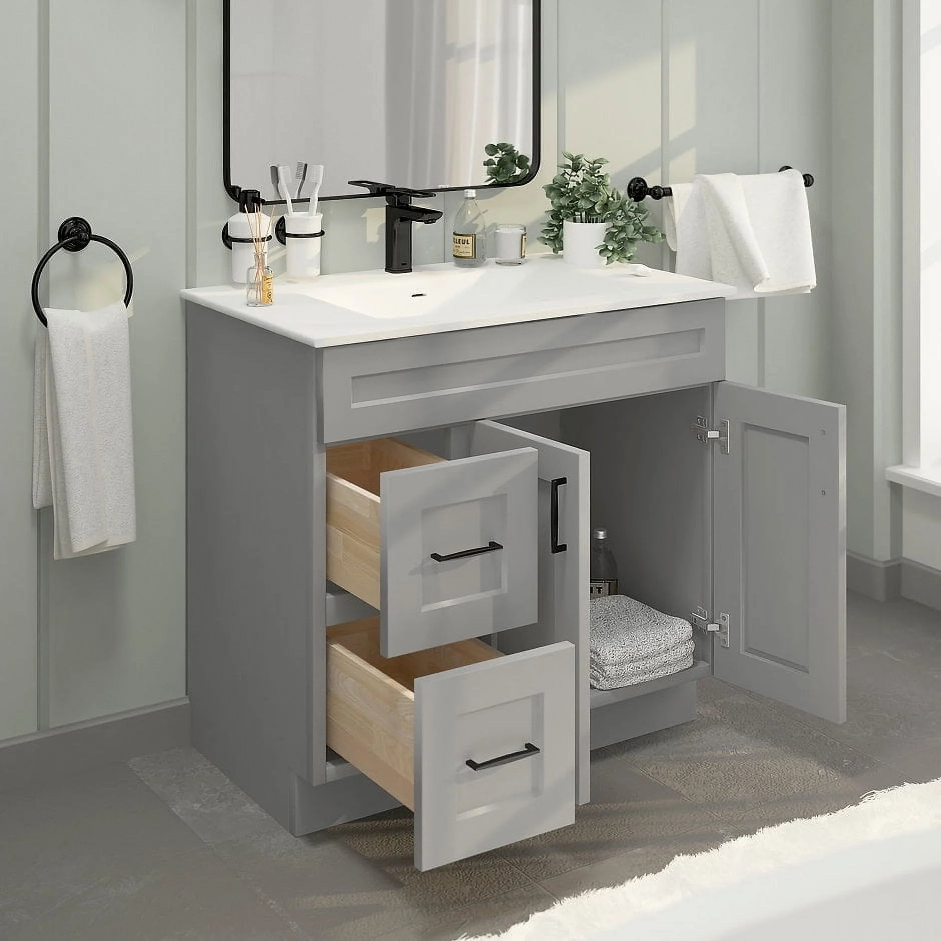 Light Grey Shaker Bathroom Vanity Sink Base with Drawers 36" Ready-to-Assemble Cabinet